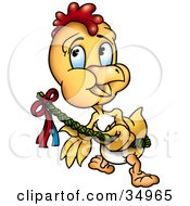 Poster, Art Print Of Yellow Chick Running With A Decorated Wicker Easter Branch