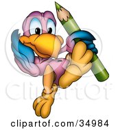 Clipart Illustration Of A Purple And Blue Parrot Dancing With A Green Colored Pencil