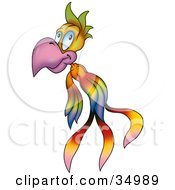 Clipart Illustration Of A Flying Rainbow Colored Bird With Blue Eyes And Long Feathers