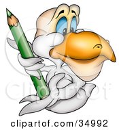 White Pelican With Blue Eyes Holding A Green Colored Pencil