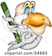 Clipart Illustration Of A White Pelican With Blue Eyes Holding A Green Marker