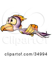 Poster, Art Print Of Purple And Orange Bird With Yellow Eyes Looking Up And Flying