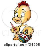 Clipart Illustration Of A Happy Yellow Chick Painting A Colorful Easter Egg With A Brush