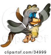 Clipart Illustration Of A Flying Green Yellow And Brown Bird With Blue Eyes