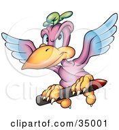 Purple And Blue Parrot Flying With A Red Crayon In His Claws
