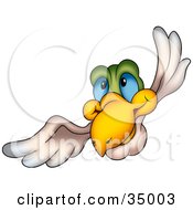 Poster, Art Print Of Blue Eyed Bird With A Green Head Flying Forward