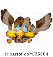 Poster, Art Print Of Flying Brown Bird With Blue Eyes And Big Cheeks