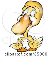 Poster, Art Print Of Yellow Duckling Looking At His Extremely Long Beak