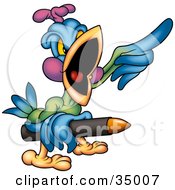 Poster, Art Print Of Mad Colorful Parrot Pointing And Holding A Brown Crayon