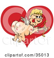 Clipart Illustration Of A Mischievous Cupid Shooting Arrows And Showing Off The Lipstick Kisses On His Butt by Dennis Holmes Designs