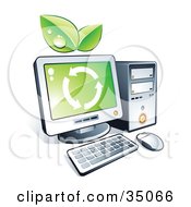 Poster, Art Print Of Green Leaves And Recycle Arrows On A Desktop Computer