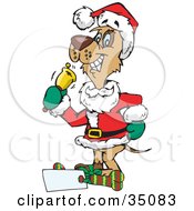 Poster, Art Print Of Brown Dog In A Santa Suit Ringing A Bell To Bring In Donations
