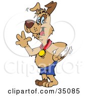 Clipart Illustration Of A Friendly Brown Dog With A Patch Mark Around His Eye Wearing A Collar And Shorts And Waving