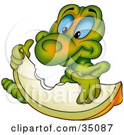 Poster, Art Print Of Hungry Green Worm With Blue Eyes Nibbling On An Apple Slice