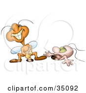 Clipart Illustration Of A Hungry Fly Trying To Pull An Earthworm Out Of A Hole
