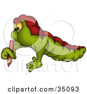 Clipart Illustration Of A Chubby Green And Red Worm Writing With A Red Colored Pencil by dero