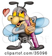 Clipart Illustration Of A Black Fly With Blue Wings Hugging His Purple Colored Pencil