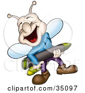 Poster, Art Print Of Laughing Lightning Bug In Clothes Carrying A Green Crayon