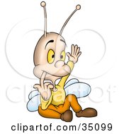 Clipart Illustration Of A Cute Little Fly Wearing Clothes Nibbling His Finger And Raising His Hand