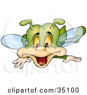 Poster, Art Print Of Happy Green Fly Flying Forward