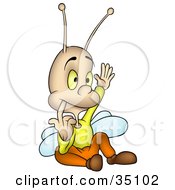 Clipart Illustration Of A Smart Little Fly Wearing Clothes Nibbling His Finger And Raising His Hand