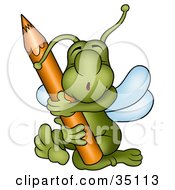 Poster, Art Print Of Cute Green Bug Hugging And Embracing A Brown Colored Pencil