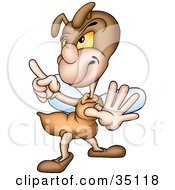 Clipart Illustration Of A Stern Brown Bug Holding One Hand Up In A Stop Gesture And Pointing With The Other Hand