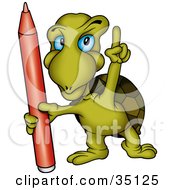 Poster, Art Print Of Green Turtle With Blue Eyes Holding A Red Marker And Pointing Upwards