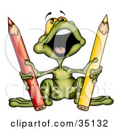 Poster, Art Print Of Cute Green Frog Singing And Holding Red And Yellow Colored Pencils