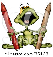 Poster, Art Print Of Cute Green Frog Singing And Holding Red And Brown Markers