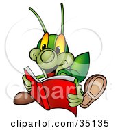 Clipart Illustration Of A Green Cricket Reading An Exciting Story Book by dero