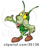 Poster, Art Print Of Confident Green Cricket Smiling And Gesturing With His Hand