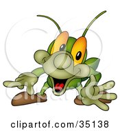 Clipart Illustration Of An Excited Cricket Grabbing The Viewers Attention And Pointing Left by dero