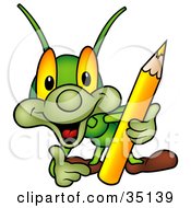 Poster, Art Print Of Friendly Green Artistic Cricket Holding A Yellow Colored Pencil