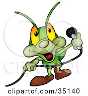 Poster, Art Print Of Friendly Green Cricket Holding A Microphone