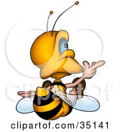 Poster, Art Print Of Cute Little Bee Sitting And Pointing Right As Seen From Behind