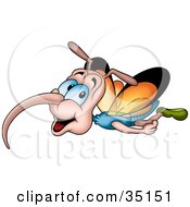 Clipart Illustration Of A Long Nosed Butterfly With A Blue Body And Orange Wings Flying Through The Air