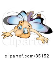 Poster, Art Print Of Cute Blue Eyed Butterfly With Blue And Purple Wings Flying Forward