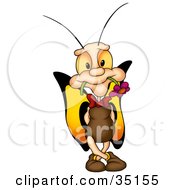 Poster, Art Print Of Adorable Male Butterfly With Yellow And Orange Wings Holding A Flower In His Mouth