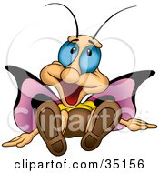 Poster, Art Print Of Goofy Purple Winged Butterfly With Blue Eyes Laying On The Ground