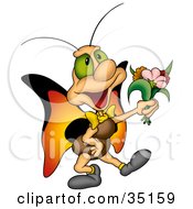 Poster, Art Print Of Sweet Green Eyed Butterfly With Orange Wings Holding Out A Bouquet Of Flowers