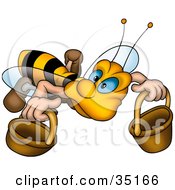 Poster, Art Print Of Cute Worker Bee With Blue Eyes Carrying Two Buckets