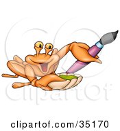 Clipart Illustration Of A Friendly Artist Crab Holding Green Paint In A Shell And A Purple Paintbrush