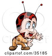 Poster, Art Print Of Little Ladybug Character Bending Down To Lift Something