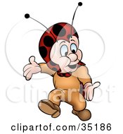 Little Ladybug Character Walking And Gesturing With His Arms