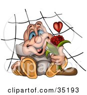 Romantic Spider With A Heart In A Web Holding A Bouquet Of Red Flowers