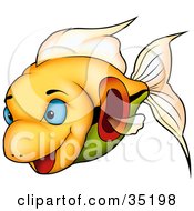 Clipart Illustration Of A Happy Yellow Fish With Blue Eyes And Green And Orange Markings