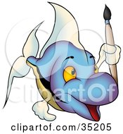 Poster, Art Print Of Gradient Blue And Purple Fish With A Green Belly And White Fins Holding A Paintbrush