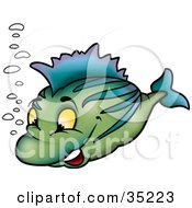 Poster, Art Print Of Happy Green Fish With Blue Stripes And Bubbles