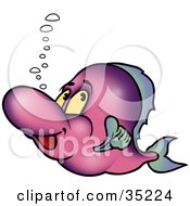 Clipart Illustration Of A Purple Fish With Bubbles Giving The Thumbs Up And Swimming By